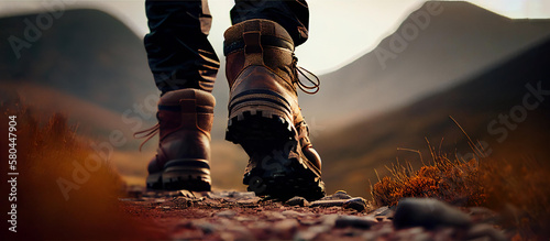 Man hiking up mountain trail, close-up focus on mens hiking boot. Generative Ai illustration. 