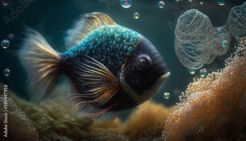 soft plush knitted sea fish  toy. in the sea world.  Robot design made of expensive textiles. generative artificial intelligence.