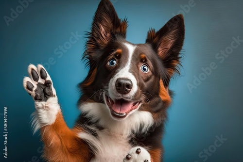 Border collie being funny and emotional, paws waving, cute pose. pet against a blue background. Generative AI © AkuAku