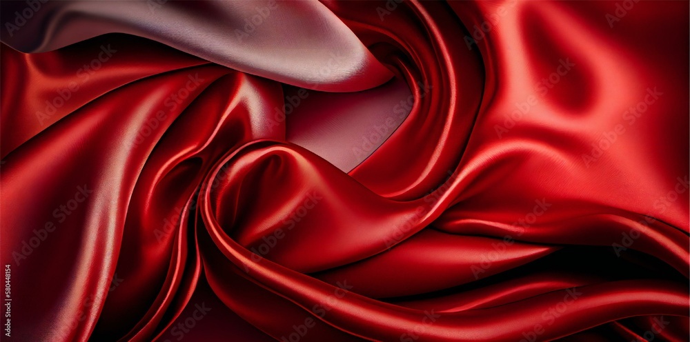 Obraz premium Viva Meganta toned red magenta fabric atlas. Close up charming red silk satin texture for sewing. Trendy red colour of the year. Ai generative illustration. 