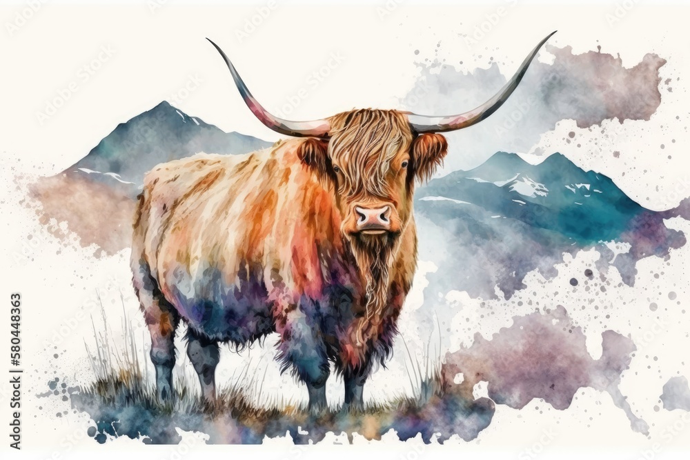 Cattle from Scotland. Highland cow from Scotland. The bull had horns. Isolated with space to write your own words. Aquarelle, watercolor illustration. Generative AI - obrazy, fototapety, plakaty 