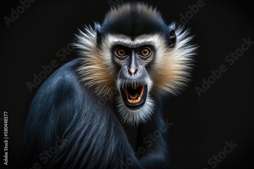 Cercopithecus diana, the Diana monkey, has a dark background, a scream, a crescent shaped browband, a ruff, and a beard. Animals in the wild. Portrait. Generative AI © AkuAku