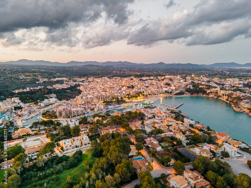 Porto Cristo Town at evening, Mallorca Aerial Photo, from Drone