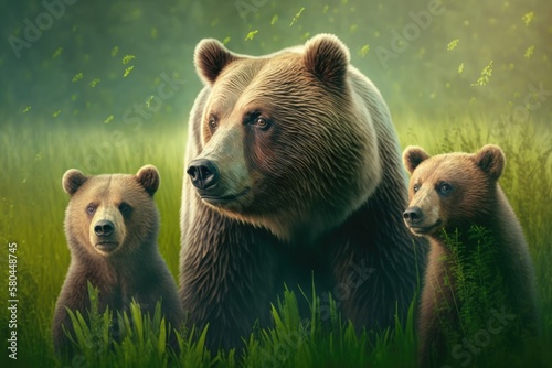 Brown bear, Ursus arctos, mother with two cubs on a green meadow with copy space. Wide panorama banner of a wild animal and her beautiful babies. Animals and other wild things in the summer