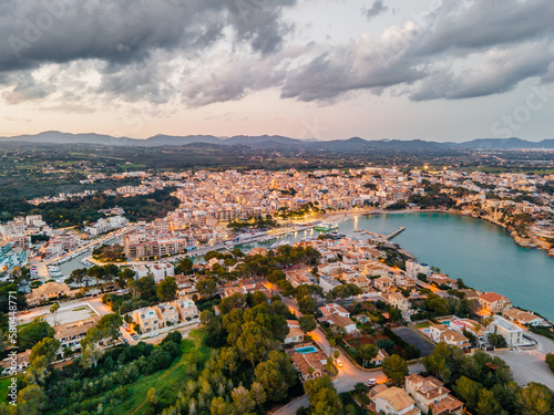 Porto Cristo Town at evening, Mallorca Aerial Photo, from Drone