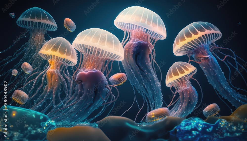 Fototapeta premium A group of jellyfish swimming in a dark blue ocean. Ocean animals.