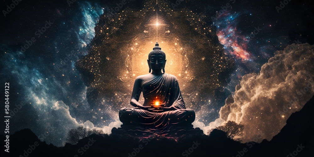 Cosmic Buddha meditating, Lotus position buddha on left with a magenta glow against a wide dark starry night