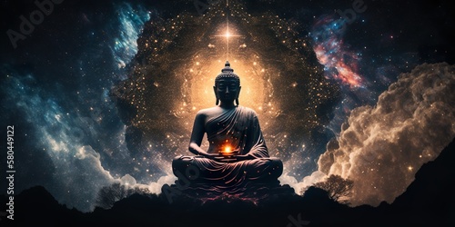 Leinwand Poster Cosmic Buddha meditating, Lotus position buddha on left with a magenta glow agai