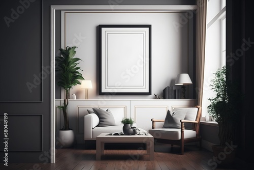 Mockup. Interior of a modern living room with a frame on the wall. Blank poster frame mock up. AI Generated.