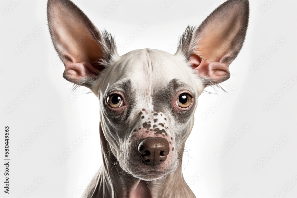 Close up of a hairless mixed breed dog, a cross between a French bulldog and a Chinese crested dog, in front of a white background. Generative AI