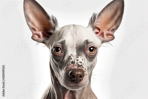 Close up of a hairless mixed breed dog, a cross between a French bulldog and a Chinese crested dog, in front of a white background. Generative AI