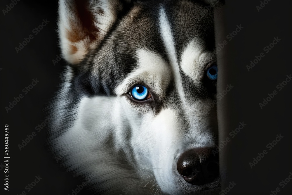 Close up Front view of a peeking Siberian Husky dog's head with blue eyes on a black background. Generative AI Close up Front view of a peeking Siberian Husky dog's head with blue eyes on a black background. Generative AI