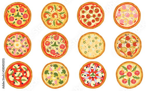 Italian pizza flat illustrations. Ingredients for creating tasty fast food. Margarita, double cheese and seafood pizzas