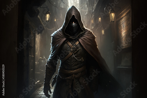 Fotografia Shadowy assassin with daggers sneaking through medieval alleys