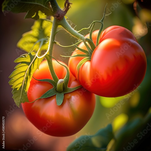 beautiful juicy ripe red tomatoes against the background of green leaves in beautiful lighting, generative AI