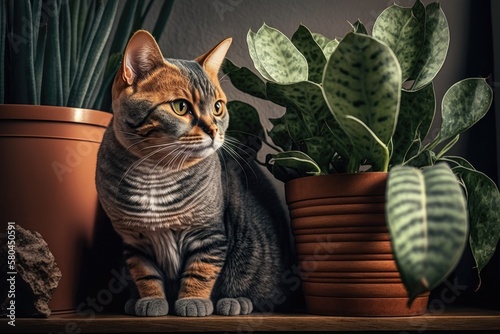 Concept photo of a cat and a houseplant. Plants that are safe for pets. Pepromia and domestic animals. Theme of the city jungle. Cat care. Generative AI photo