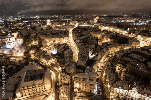 Lublin Old Town. Lublin Castle. Lublin Grodzka Gate. Classic town look. Aerial view of old town in Lublin. Polish old cities. Poland old town. Night view of old town. Lublin by night.