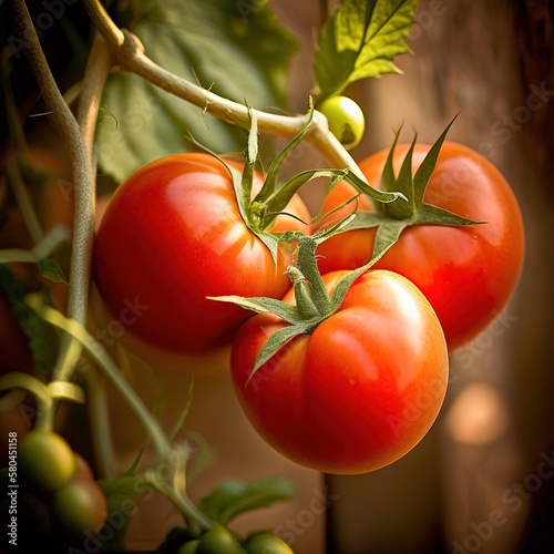 beautiful juicy ripe red tomatoes against the background of green leaves in beautiful lighting, generative AI