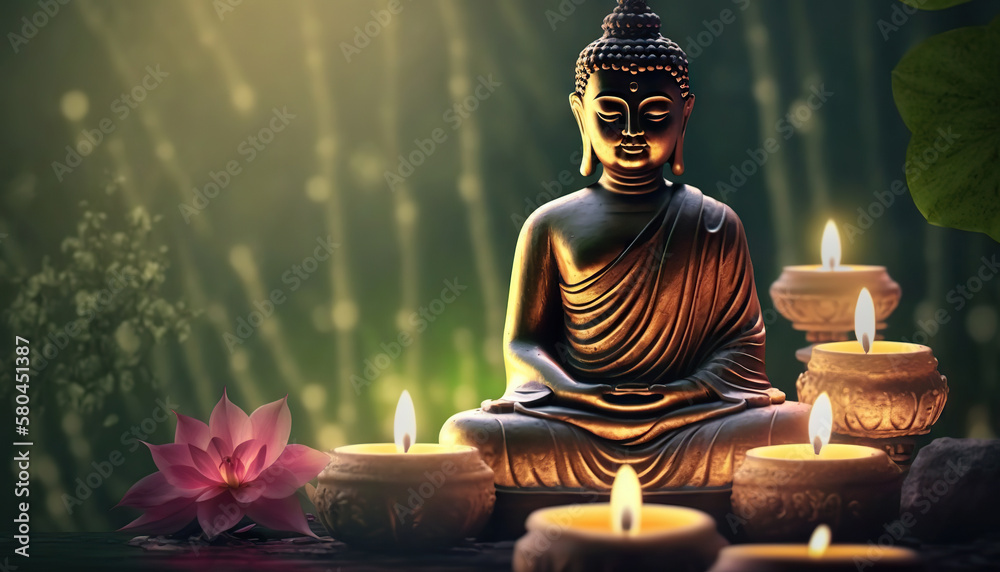 Buddha statue with candles on natural background. Copy space. Based on Generative AI