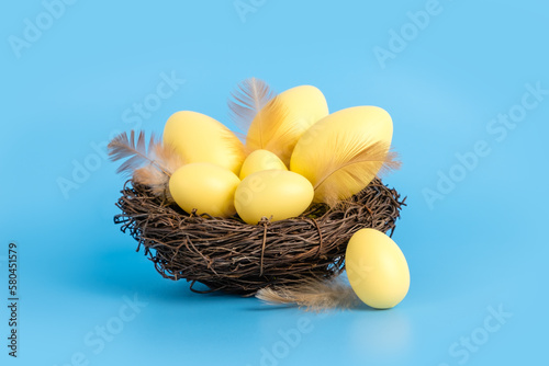 Photography Yellow easter eggs and feathers in nest on blue background