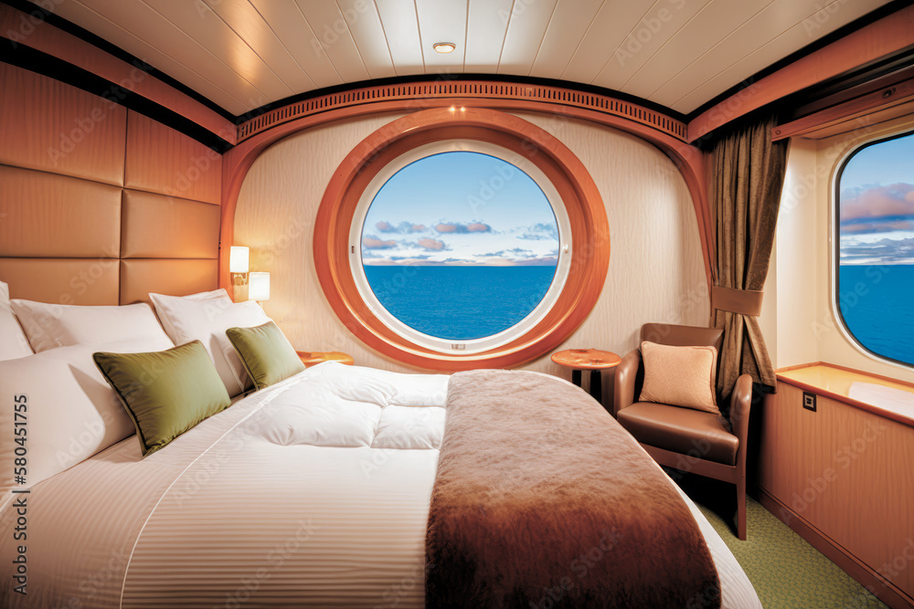 An interior shot of a luxurious cabin on a cruise ship, with a plush