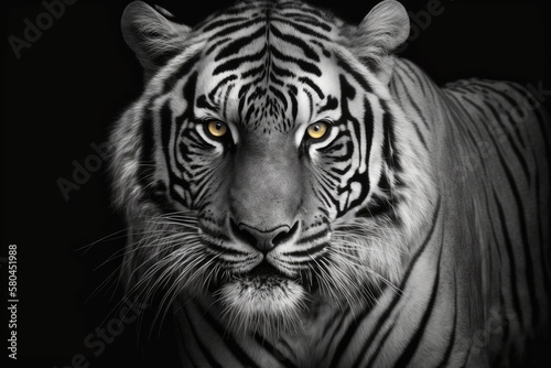 A tiger looking at the camera in black and white, with yellow eyes, on a black background. Generative AI