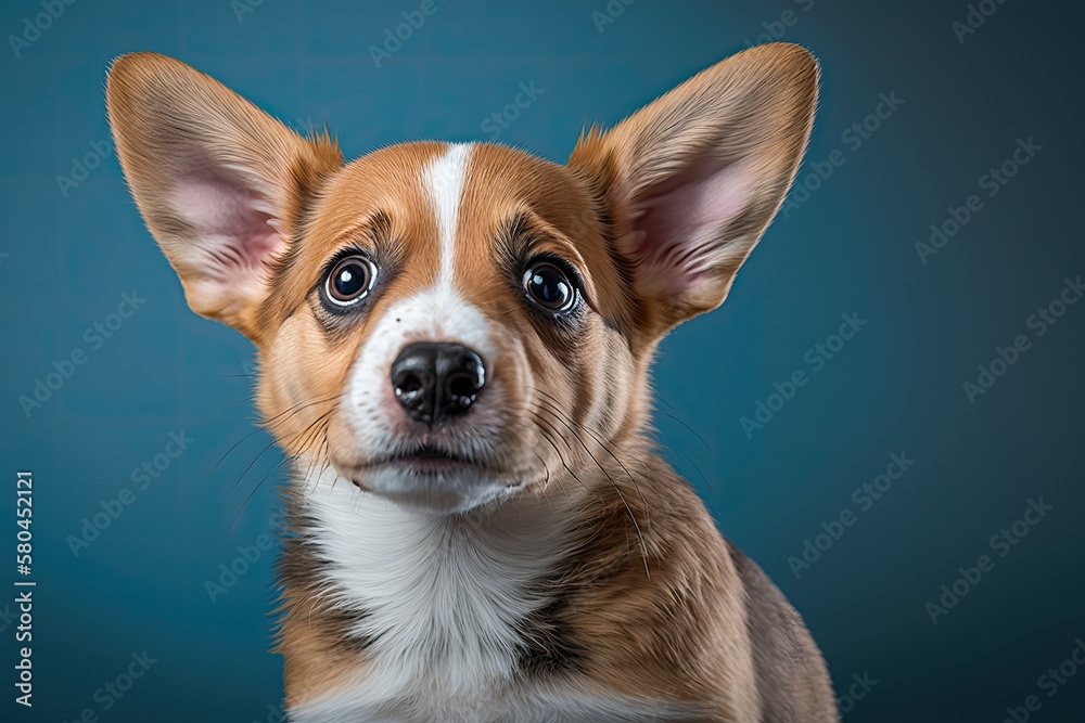 A scared corgi puppy in a studio portrait, set against a blue background. The scared look on a dog's face. The dog looks for the treat and waits for it. How to take care of a pet. Banner. Generative A scared corgi puppy in a studio portrait, set against a blue background. The scared look on a dog's face. The dog looks for the treat and waits for it. How to take care of a pet. Banner. Generative
