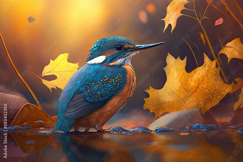 Fototapeta premium Alcedo atthis, a small, colorful bird that is a common kingfisher. In the background, there is beautiful fall light. Blue on the back, and orange in the middle. Scene from the wild. Slovakia Europe