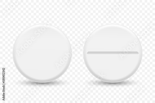 Vector 3d Realistic White Round Pharmaceutical Medical Pill, Capsule, Tablet Icon Set Closeup Isolated. Front View. Medicine, Health Concept