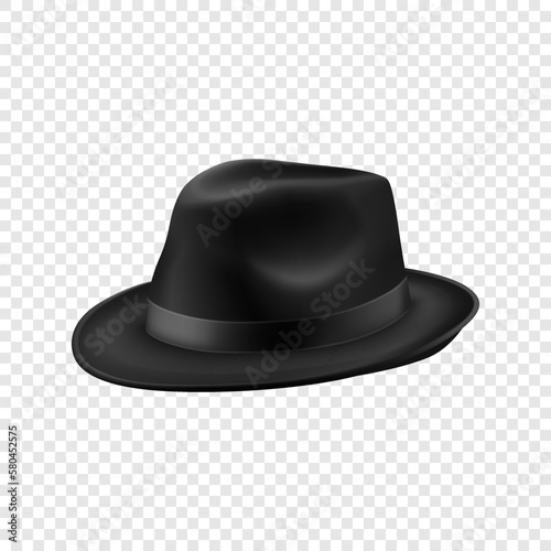 Vector 3d Realistic Black Vintage Classic Gentleman Hat, Cap Icon Closeup Isolated. Front View. Mens Unisex Hat Design Template. Vector Illustration