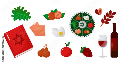 Jewish holiday Passover set, Pesach collection, traditional icons and symbols on white background. Vector illustration