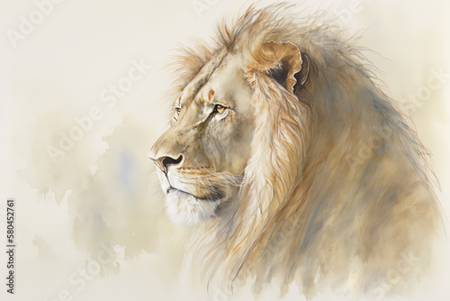 Generative AI. Watercolor drawing of a male lion. Animal illustration