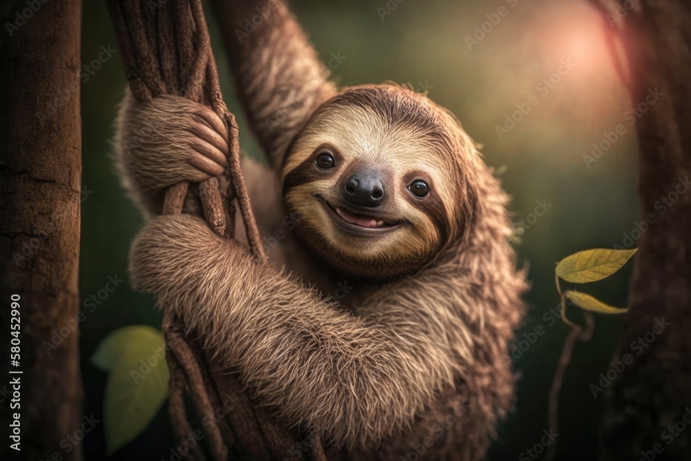 Happy sloth hanging on the tree. Generative AI Happy sloth hanging on the tree. Generative AI