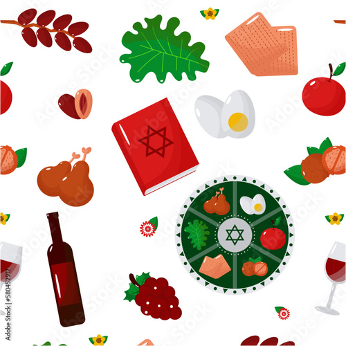 Pattern Jewish holiday Passover, Pesach, traditional icons and symbols. Vector illustration