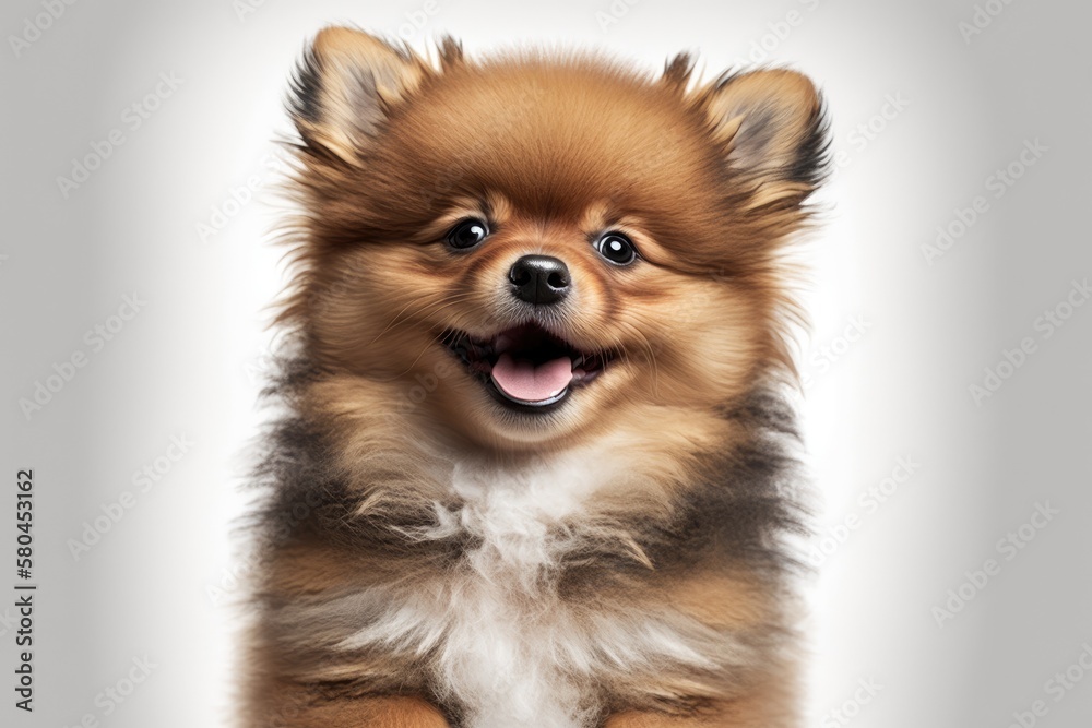 Happy Pomeranian puppy. Photo of a person on a white background. Generative AI