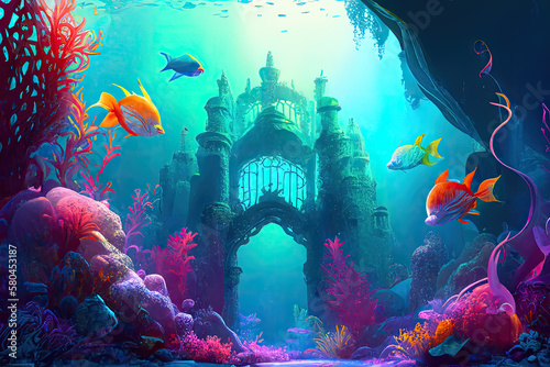 Beautiful illustration of a mermaid castle in deep blue ocean with group of vibrant colored fish. © Claudine