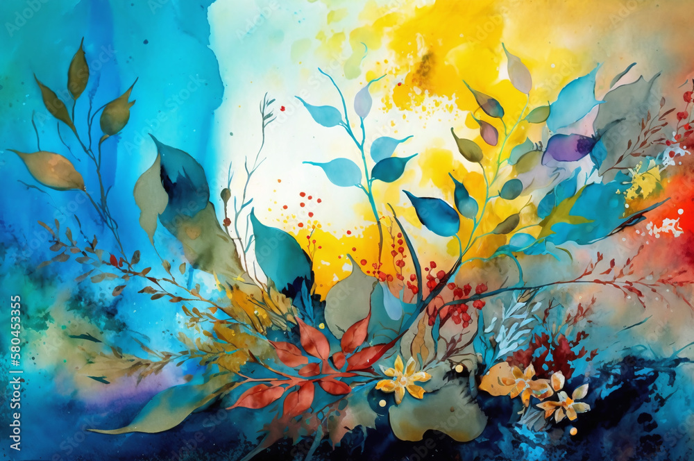 Vibrant watercolor painting of flowers and splashes of color