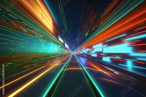 Neon cityscape with moving train