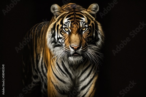 A picture of a lovely tiger. Big cat close up. A picture of a tiger looking at you from the dark. On a black background, there is a picture of a big cat. Generative AI