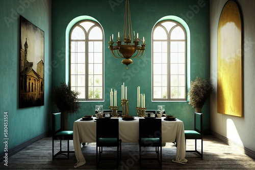 Elegant Moroccan style dining room interior with a green theme. AI generated.
