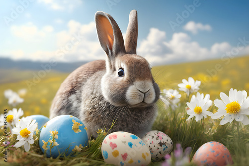 Cute Easter bunny among painted Easter eggs and flowers in a sunny meadow. Generative Ai illustration