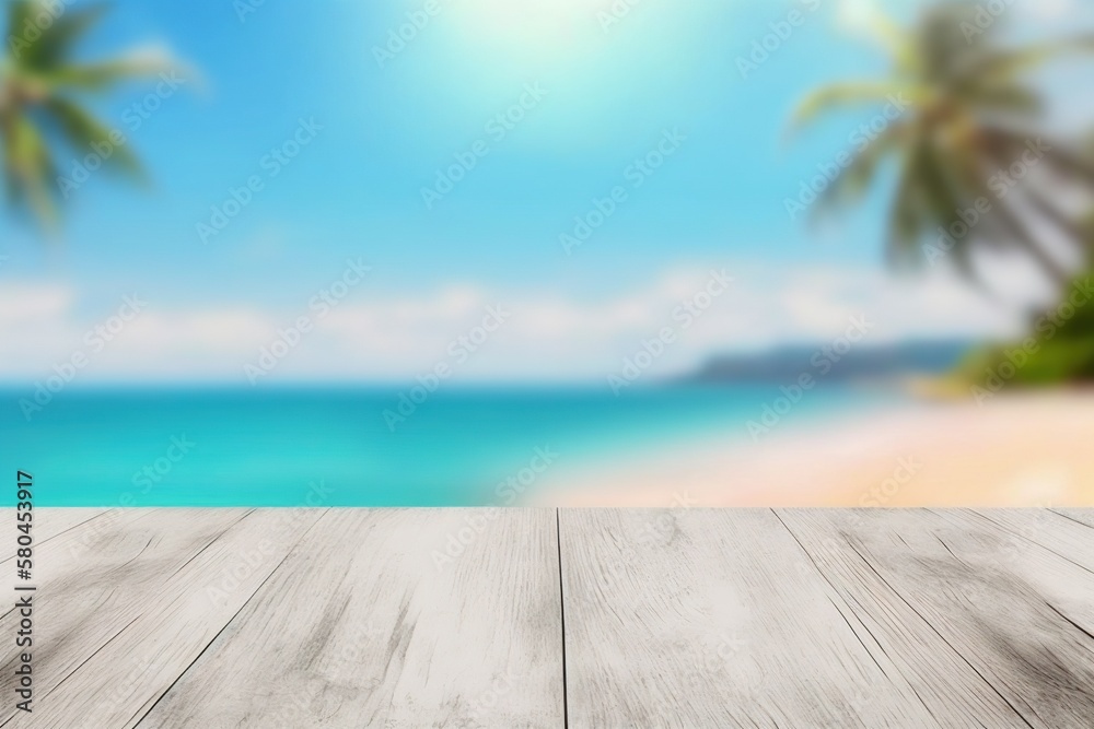 white wooden pier mockup on blurred background of caribbean beach