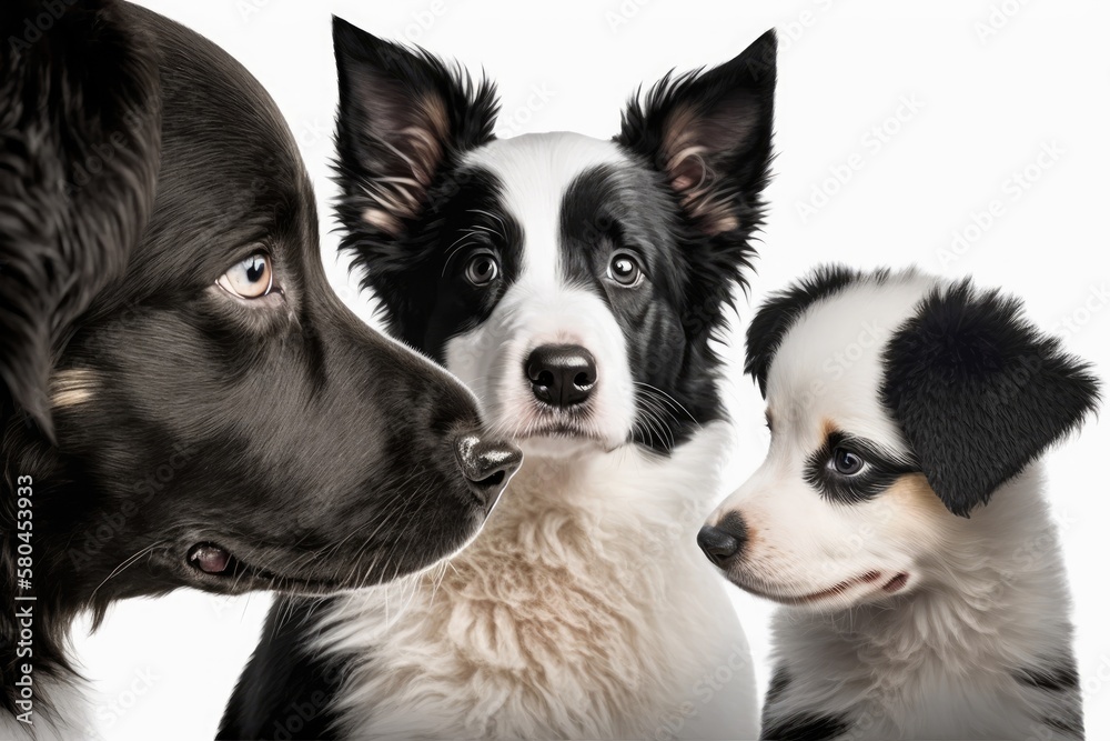 A picture of a puppy, a dog, and caring for animals A white background shows a furry animal with a tongue and a border collie. Animal shelter, mockup for adoption with care, health, and foster dogs wi A picture of a puppy, a dog, and caring for animals A white background shows a furry animal with a tongue and a border collie. Animal shelter, mockup for adoption with care, health, and foster dogs wi