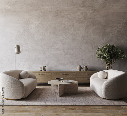 Interior of modern living room with wooden dresser, white sofa and coffee table. Gray mockup wall. 3d rendering. High quality 3d illustration