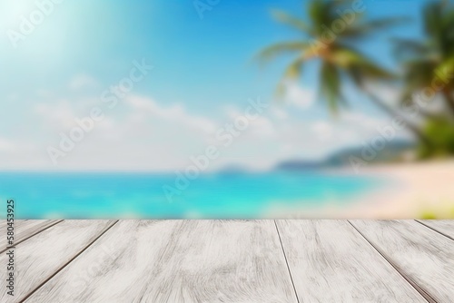 white wooden pier mockup on blurred background of caribbean beach © diego