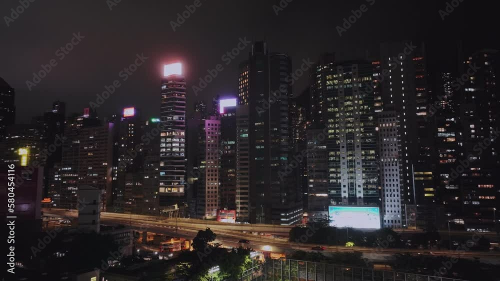 Night Highway And Bright Buildings Of Hong Kong, Aerial View Night Highway And Bright Buildings Of Hong Kong, Aerial View