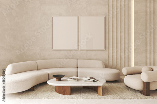 Contemporary classic light beige interior with furniture and decor. Decoration panels with illumination. Mock up stucco wall. 3d rendering. High quality 3d illustration