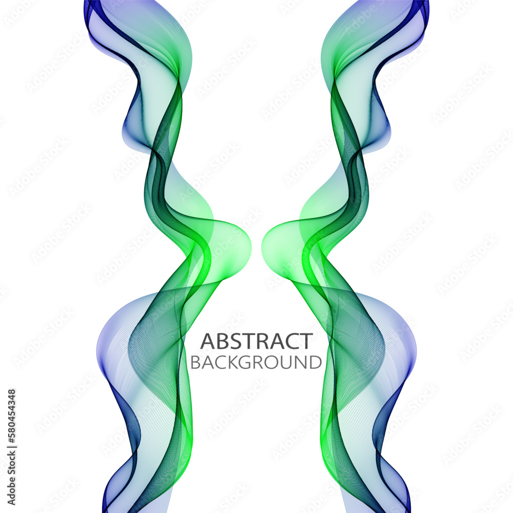 Two vertical transparent colored waves on a white background, blue and green wave lines design Two vertical transparent colored waves on a white background, blue and green wave lines design