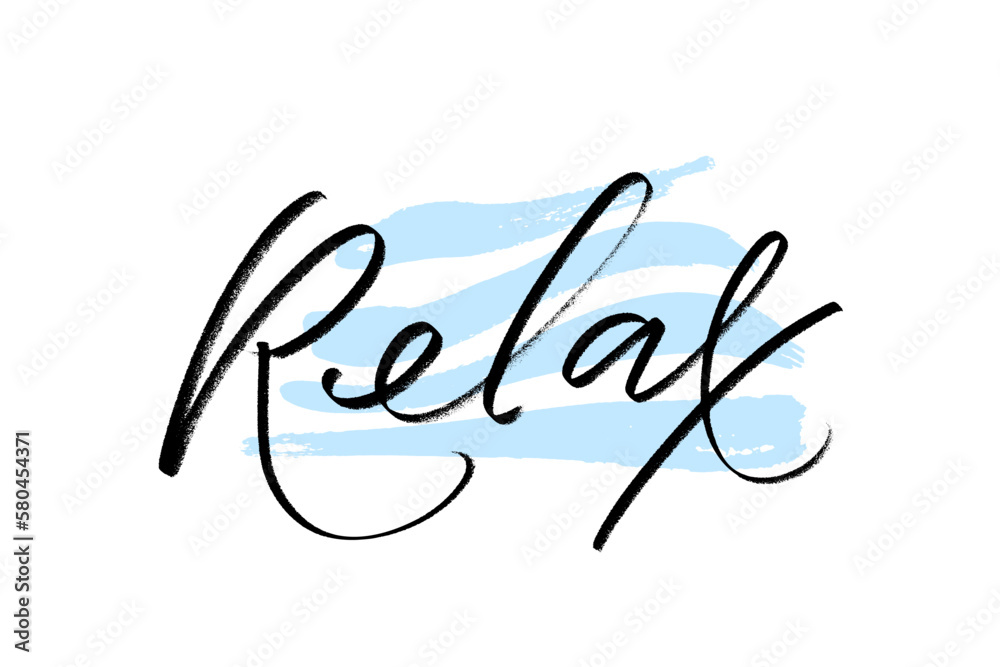 Hand drawn typography lettering word Relax with blue wavy strokes as abackground. Fun calligraphy for greeting and invitation card, posters, banners, web, apparel print design.