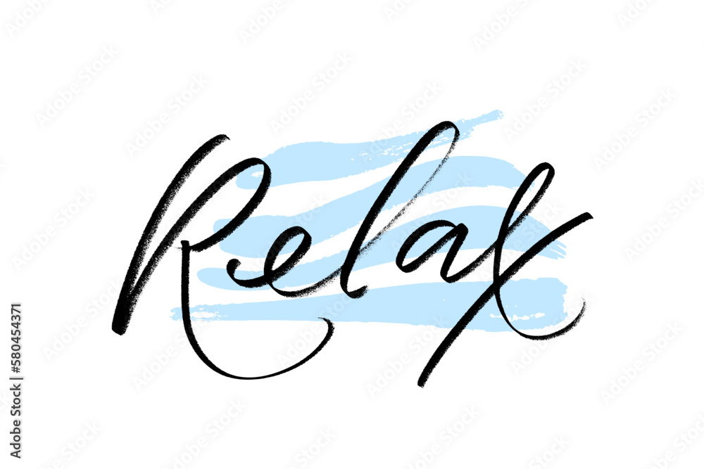 Obraz premium Hand drawn typography lettering word Relax with blue wavy strokes as abackground. Fun calligraphy for greeting and invitation card, posters, banners, web, apparel print design.
